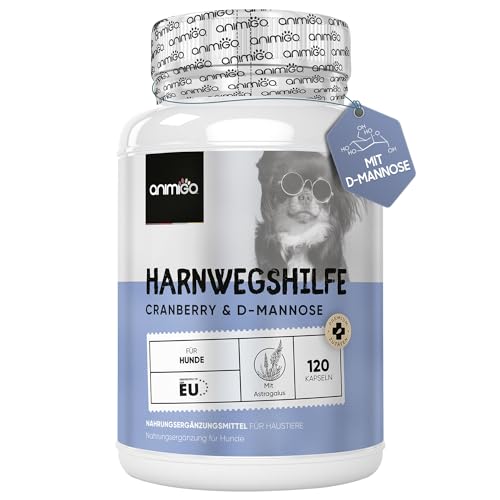 animigo Harnwegshilfe für Hunde - 120 Kapseln für Haustiere - Vitamine mit Cranberry, D-Mannose, Astragalus, Süßholz, Brennnessel & Eibischwurzel - Für Blase, Niere & Harnwege - Urinary Aid for Dogs