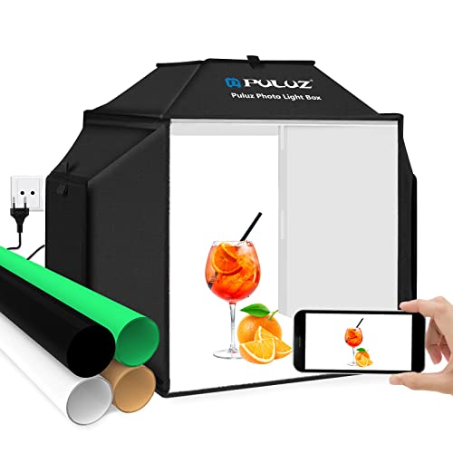 Fotobox & Softbox, PULUZ 40x40cm Fotostudio Set für produktfotografie, Faltbare Foto Lichtbox Fotografie Lichtzelt-Kit 5500K 480pcs LED-Beleuchtung mit 4 Farben PVC-Hintergrund