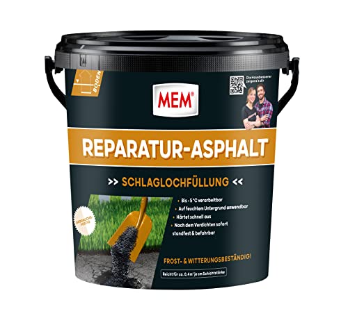 MEM Reparatur Asphalt zur Beseitigung von Fahrbahnschäden, Gebrauchsfertig, Einfach zu verarbeiten, Recyclebar, 10 kg, Schwarz
