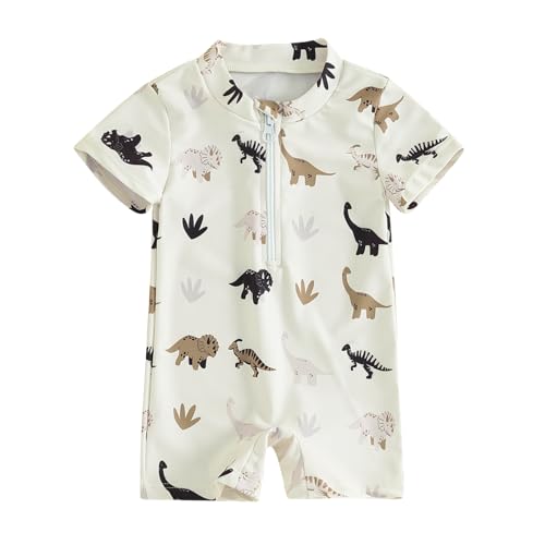 HodJIU Badeanzug für Babys, Jungen, UV-Schutz, Dinosaurier-Druck, kurzärmelig, Badeanzug, Schwimmbad, Strand, Surfen, beige, 2- 3 Jahre