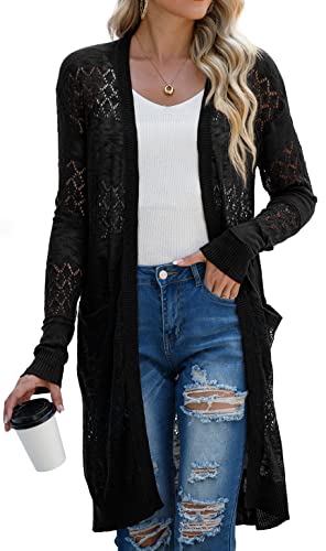 GRECERELLE Strickjacke Damen Sommer Lang Cardigan Langärmelig Lochmuster Strandjacke Leicht Dünne Vorne Offen Cover Up (Schwarz, XL)