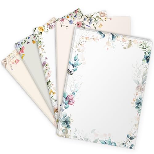 Einladungskarten Manufaktur Hamburg 50 x Briefpapier MIX | Bunter Blumen Muster Papier Mix 5 Motive | Motivpapier A4 | edles Design Papier | beidseitig bedruckt | Set