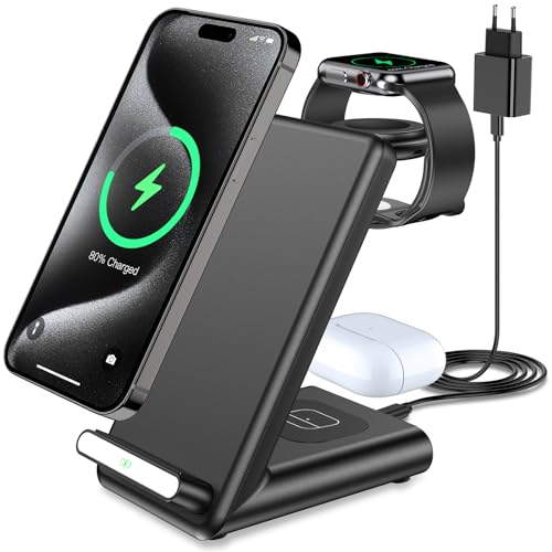 3 in 1 Kabelloses Ladegerät, Induktive Ladestation für iPhone 16 15 14 13 12 11 Pro Max/16e/XS/8, Schnelles Ladeständer für Apple Watch Ultra 10 9 8 7 6 SE 5 4 3 und Air Pods Pro