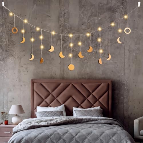 O-Kinee Mondphasen Girlande,Schlafzimmer Wanddeko Boho,Mondlampe Ramadan Deko,Boho Lichterkette Schlafzimmer,Mond Girlande Aesthetic Room Decor,Mondlampe Wanddeko,Led Girlande Gold 144cm 13 Monde
