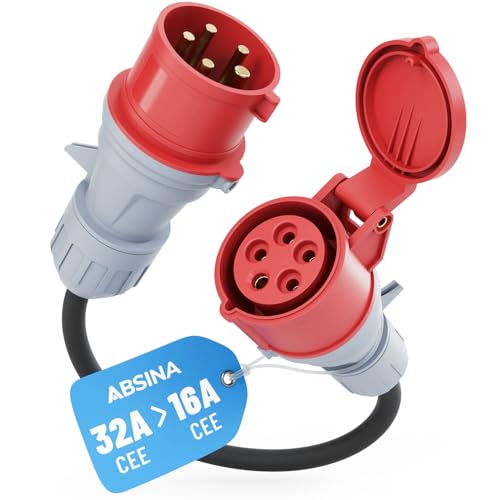 ABSINA Starkstrom Adapter 32A Stecker auf 16A Kupplung - 32A auf 16A Adapter mit 50 cm Kabellänge & IP44 Schutz - CEE Adapter 32A auf 16A als Elektroauto Zubehör - Adapter 32 auf 16 Ampere