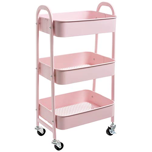 DOEWORKS Rollwagen Metall Servierwagen mit Rollen 3 Etagen Küchenwagen Bastelwagen Rollwagen Küche Aufbewahrungswagen für Wohnzimmer Schlafzimmer Badezimmer Büro, Rosa