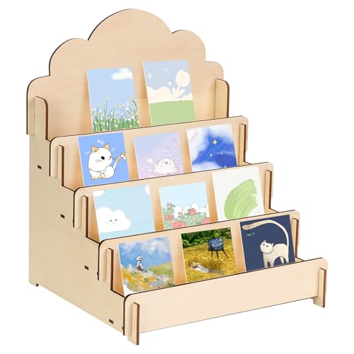 mumisuto Kartenständer,4 Regale Grußkarten-Präsentationsständer Postkartenständer aus Holz,Mehrzweck-Broschürenhalter,Aufkleber Ausstellungsständer für Handwerksshow,Einzelhandel,Verkaufstisch,Karten