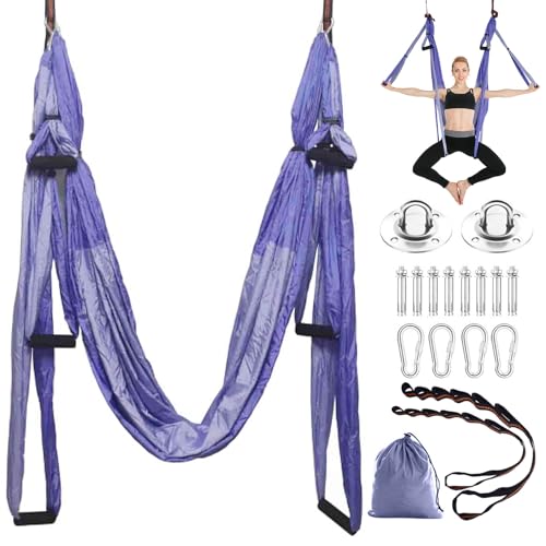 Caossuixin Aerial Yoga Hängematte Set, Aerial Yogatuch Yoga Schaukel Swing Anti-Schwerkraft Pilates, Yogatuch Zum Aufhängen Mit Montagezubehör und Tragetasche, bis 200 kg Belastbar（Lila）