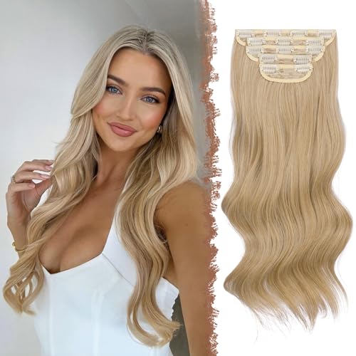 FESHFEN Clip in Extensions Wellig Haarverlängerung, 5 PCS Lang Gewellte Haarextension mit Clips Synthetik Haarteil Blond & Aschblond Gemischt Haare Extension für Damen, 50 cm