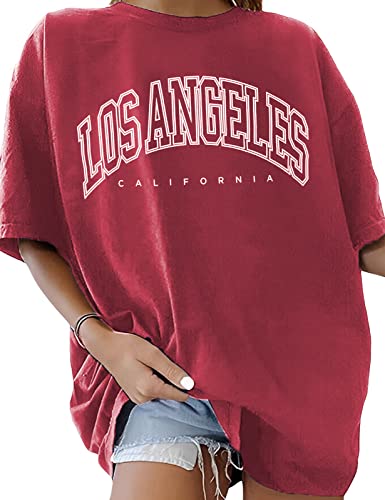 TOMEEK Damen T-Shirt Rundhals Kurzarm Top Sommer einfarbig Oversize T-Shirt Kausale Baumwolle breite Schulter T-Shirt, Rotwein, Größe L