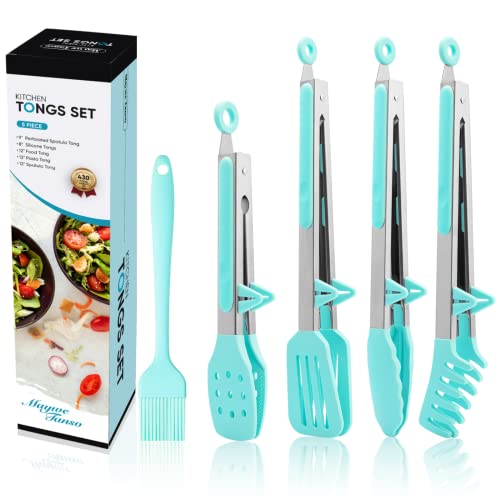 Edelstahl Küchenzange mit Silikonspitzen-5er Set,Maywe Tanso 4 Stück 33 cm Kochzange Fleischzange,Antihaft- Grillzange für Steak Pie Pizza Pasta Spaghetti Salat Grillbuffet,Plus Bürste
