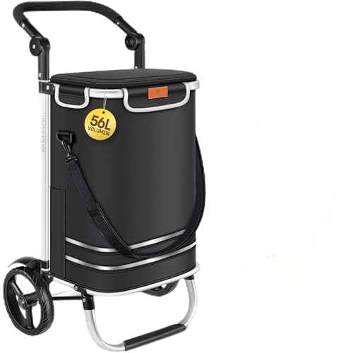 KESSER® Einkaufstrolley klappbar mit 56L Kapazität und belastbar bis 50kg | 3in1 Trolley Sackkarre & Umhängetasche | Faltbarer Einkaufswagen inkl. Kühlfach & Einkaufschip | Treppensteiger Schwarz
