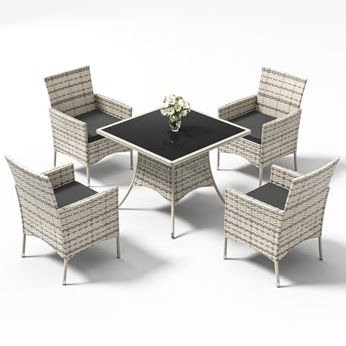 Trumbeak Sitzgruppe für 4 Personen,Gartenmöbel Polyrattan 5-teilig,4 Stühle,Tisch mit Glasplatte,Wetterfest Polyrattan Möbel für Garten,Schwarz