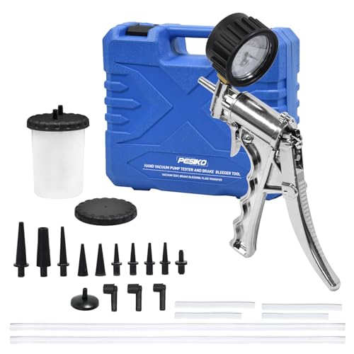 PESIKO Aluminium Hand-Vakuumpumpe für Kfz, Bremsenentlüftungsgerät Motorrad Unterdruckpumpe mit Stoßfeste Manometer und 14 Adaptern