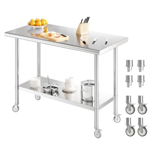 Redlife Gastronomie Edelstahl Arbeitstisch (122x61x89 cm), Tisch bis 150 kg belastbar,Edelstahl Regal mit 3 Regalen & Edelstahltisch mit Rollen Profi Gastro Küchentisch