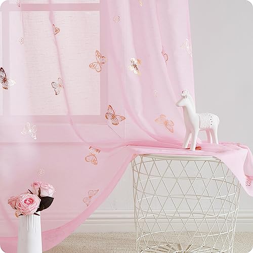 Treatmentex Vorhänge Transparent Gardinen mit Ösen Gold Schmetterling Druck Gardinen Voile Dekoschal Ösenvorhang für Mädchenzimmer, Kinderzimmer, Babyzimmer-2 Stücke(Rosa,140 x 180 cm)
