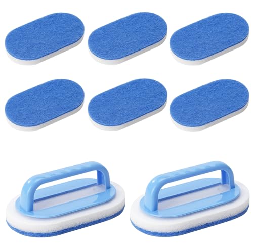 WIYETY 2 Stück Pool Schwamm: Bürsten Poolreinigung Handschrubber Schwimmbad Bürste mit 6 austauschbaren Reinigungspads, Pool Randreiniger Poolschwamm zum Reinigen von Schmutz und Moos (Blau)