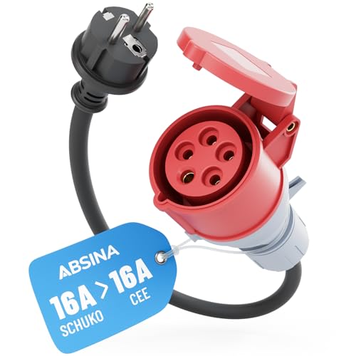 ABSINA Adapter Schuko Stecker auf CEE Kupplung - Schuko auf CEE 16A 5-polig mit 60 cm Kabellänge & IP44 Schutz - Schuko auf CEE als Elektroauto Zubehör – Adapter 230V
