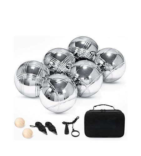 Boules-Set,Boccia Kugeln Stahlkugeln, 6-teilig Zielkugel inkl. Abstandsmesser, in wiederverschließbarer Tragetasch Petanque für Outdoor-Spiel