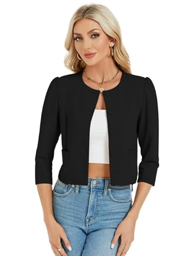 MODIURBAN Blazer Damen Kurz Bolero Elegant Strickjacke Langarm Jäckchen Cardigan mit Knöpfen und Taschen Schwarz S