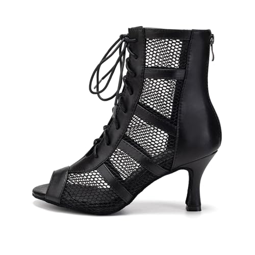 AOQUNFS Tanzstiefel Damen Latein Salsa Stöckelabsatz Schnüren Stiefel für Tango Bachata Ballsaal Party Leistung Tanzschuhe,L446-7.5-SchwarzPU,EU41