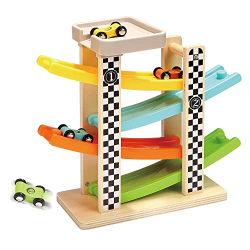 TOP BRIGHT Kugelbahn Autorennbahn Holz mit 4 Fahrzeuge, Auto Rennbahn Kinderspielzeug ab 1 2 Jahre Jungen und Mädchen, Holz Spielzeug ab 18 Monate Geburtstaggeschenke