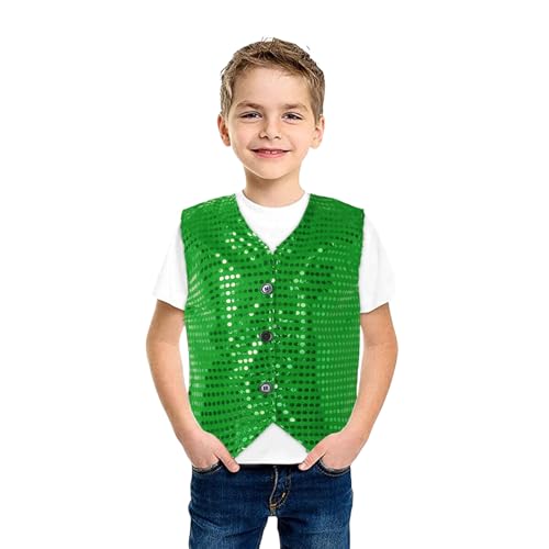 Kinder Pailletten Weste ärmellos V-Ausschnitt, Glitzer Weste Jacke Festlich Party Tanzbekleidung Bühnenauftritt Hip Hop Jazz Street Dance Kleidung Tanzkostüm Performance-Kostüm (Green, 10-12 Years)