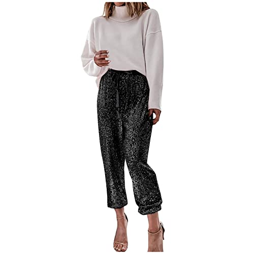 Duohropke Pailettenhose Damen Gold Pailletten Hose Damen Silber-Freizeithose Elegant Sommmerhose Baggy Jogginghose Glitzer-Hose Mit Tunnelzug Party-Hosen Disco Mode Pants Vintage Tanzhosen