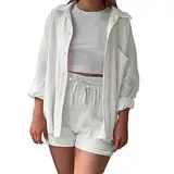 Damen Solide Frühling Faltenkragen Langarm Shirt Hohe Taille Frauen Elegante Anzüge Leicht Bequeme Jogginganzug Baggy Niedlich Freizeitanzug Kordelzug Shorts Große Casual Set Hose (White, XXL)