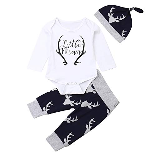 Geagodelia 3tlg Babykleidung Set Baby Jungen Langarm Body + Hose + Mütze Kleinkinder Neugeborene Weiche Warme Baumwolle Babyset Bekleidung (0-3 Monate, Little Man (Weiß + Blau-Elk))
