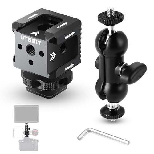 UTEBIT Triple Cold Shoe Mount mit Kamera Blitzschuh Adapter, 360° Drehbarer Dual Kugelkopf Magic Arm und 1/4"-20 Gewinde Dreifach Kaltschuhhalterung für Monitor, Mikrofon, LED Blitzlicht