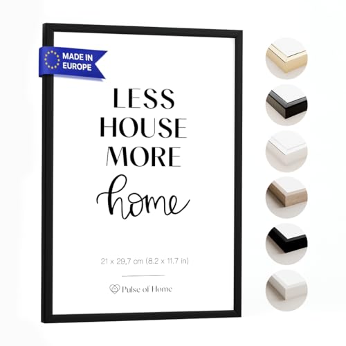 PULSE of HOME Holz Bilderrahmen DIN A4 (21x29.7 cm) in Schwarz - Dünner Rahmen Ideal für Fotos, Poster, Kinderzeichnungen & Kunst - Dekoration für Kinderzimmer & Wohnbereich