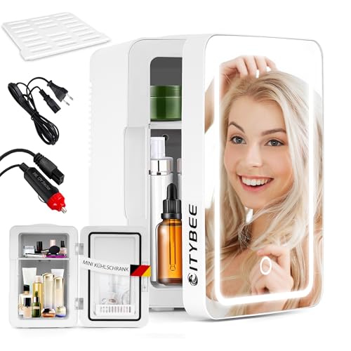 Mini Kühlschrank Fridge 6L - Kühlschränke Klein 12V 230V Läuft Leise mit Spiegel&LED-Beleuchtung - Skincare Kühlschrank für Kosmetik Schönheitspflege-Kosmetik Kühlschrank Ideal für Auto (Weiß)