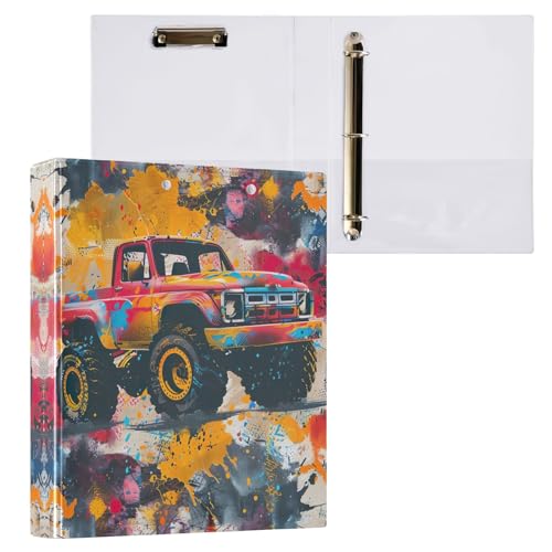 Grunge Monster Truck Auto 3-Ringbuch 3,8 cm, D-Ringbuch mit rutschfestem Metallclip, niedlicher Ordner, drei Ringe für Schule, Bürobedarf, 1 Packung