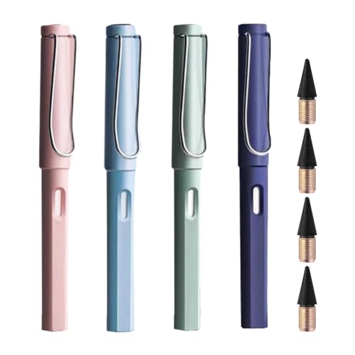 DaiUni 4 Stück Ewiger Bleistift, Tintenloser, Metall Tintenlose Bleistifte, Tintenloser Bleistift mit Radiergummi, Endloser Bleistift, mit 4 pcs Wechselkopfm