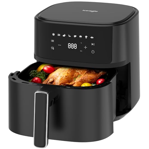 Iceagle Heißluftfritteuse 6,5L Airfryer XL - 1700W Friteuse ohne Öl mit Metall-Innenraum | Heissluftfriteuse Air Fryer, 8 Programmen, Digitales Display, Timer, Benutzerfreundlich, 80-200°C, Rezeptbuch