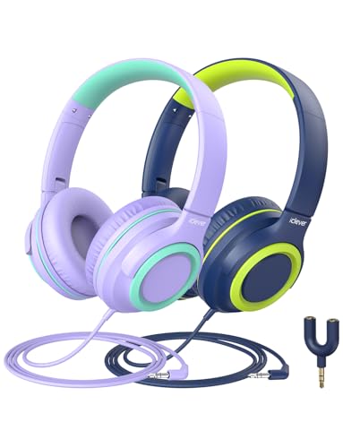 iClever Kinder Kopfhörer [2 Pack], Kabel Kopfhörer für Kinder mit Sharing Splitter-85dB Safe Volume Limited, Tangle-Free Foldable Stereo Kopfhörer für Schule/Tablet/Reisen
