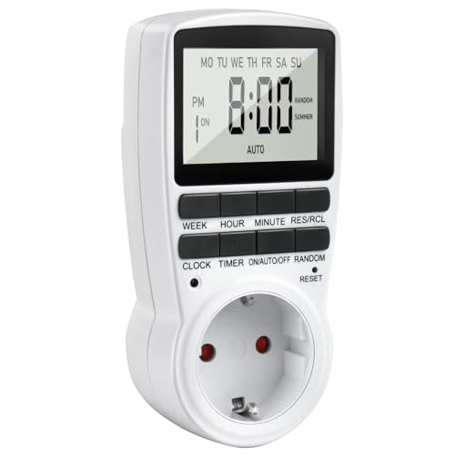 Zeitschaltuhr Steckdose, 24Std-Wochen Zeitschaltuhr Digital, LCD Stecker Timer Steckdose Schaltuhr mit 16 Timer-Programme, Countdown Zeitschalter Wochenzeitschaltuhr mit Einbruchschutz für Innen