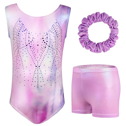 AOOWU Mädchen Dreiteilige Gymnastikanzüge, Gymnastikanzug Mädchen, Ärmelloser Gymnastikanzug mit Shorts und Haarband, Ballett Tanzender Leotard Gymnastik Outfit für Gymnastik, Wettkampf（130 code）