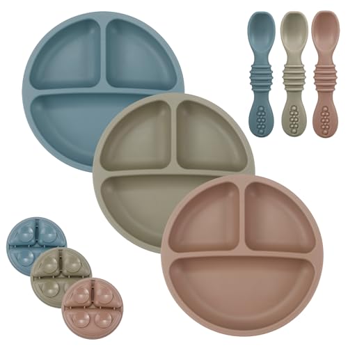 PandaEar 3 Stück Rutschfest Baby Teller mit Saugnäpf und 3 Baby Löffel, BPA-frei Unterteilt Kinderteller Set, Silikonteller Baby Saugnapf, Geteilte Esslernteller