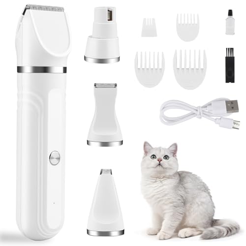 Pfotentrimmer für Hunde, Beihre 4-IN-1 Leise Schermaschine Katze Set, Profi Haarschneidemaschine für Katzen Hund Verfilztes Fell Pfotenhaare für Große Kleine Katzen Hunde