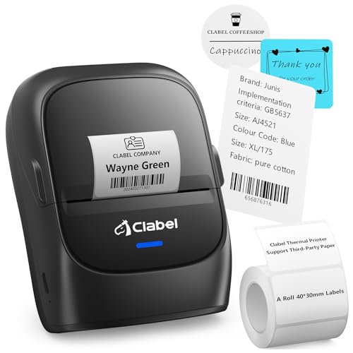 CLABEL Etikettendrucker Selbstklebend Bluetooth 221B Thermo Mini Label Drucker mit 1 Rolle Etiketten Tragbar Aufladbar Etikettiergerät Kompatibel mit Handy & PC für Preisschilder Barcode Büro Adresse