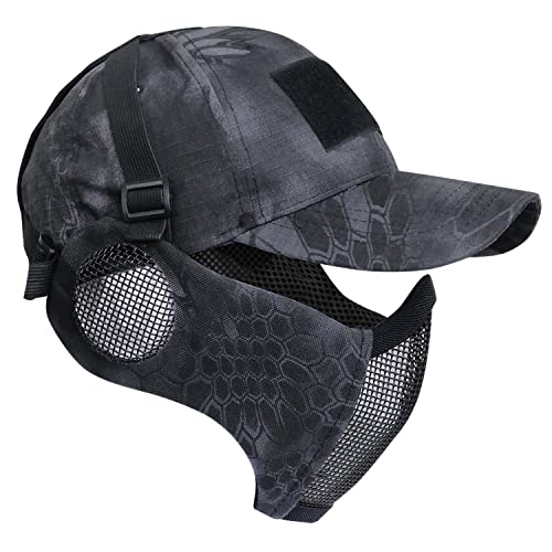 Yzpacc Airsoft Halbgesichtsmaske und Patch-Hut Set Stahlgeflecht Maske mit Ohrenschutz und Baseballkappe Taktische Schutzmaske für CS Spiel BB Gun Paintball Jagd Schießen