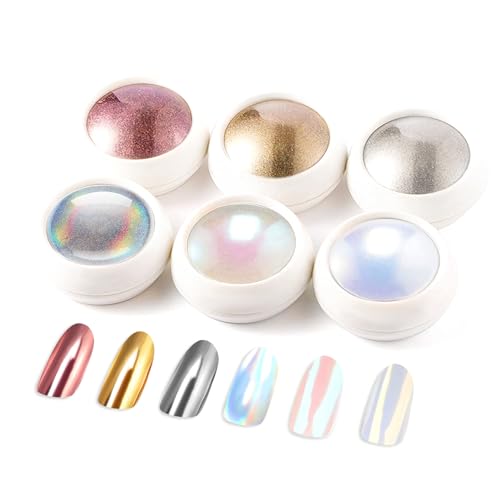 BISHENGYF Gold Chrome Nail Powder: Superspiegel-Nagelglitzer, Metal Holo Cromepulver Nägel Gel Pigment Weiß Aurora Glazed Donut Glassy Pearl Nagelpuder, Silver Nagelkunstsalon DIY Design Dekor(6PCS)