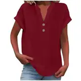 KOG Damen Tshirt Mode Leinenbluse Kleidung Basic Kurzarm T-Shirt Tee T-Shirt Elegante Leinen Oberteil Frauen Rundhals Große Größen Bekleidung Amazon Gutschein Rot XL