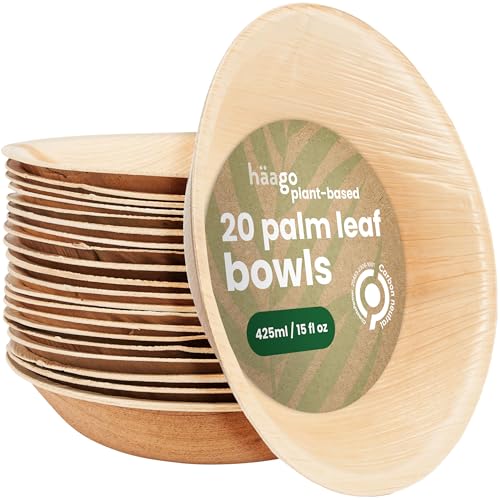 HAAGO Palmblattschalen (450ml, quadratisch) Kompostierbar & Einweg - Umweltfreundliches Picknick- & Outdoor-Geschirr - Gefrierschrank- & Mikrowellenfest (Rund 14 x 4 cm / 425 ml, 40)