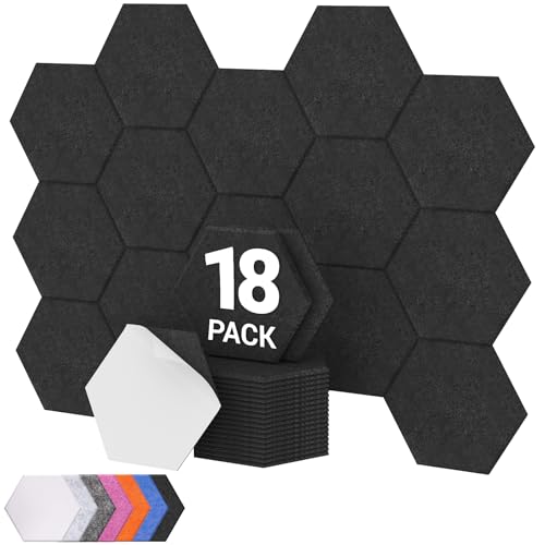 Hexagon Akustikplatten selbstklebend 18St., TONOR Schallabsorber Schallschutz mit Hochdichte Wandfliesen Schall Dämmung 30x26x0,9cm für Studio, Büro, Akustische Behandlung und Wanddekoration Schwarz
