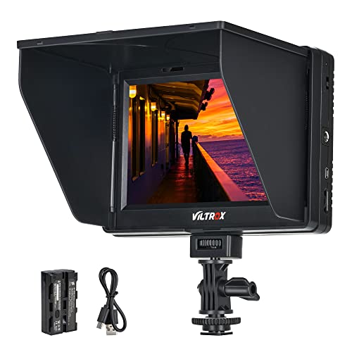 VILTROX DC-70 II 7 Zoll Kamera Video Monitor, 4K Kamera Field Monitor Kit mit HDMI AV Eingang/Ausgang für Canon Nikon Sony DSLR Kamera, Peaking Focus Assist Video Monitor mit Sonnenblende/Akku