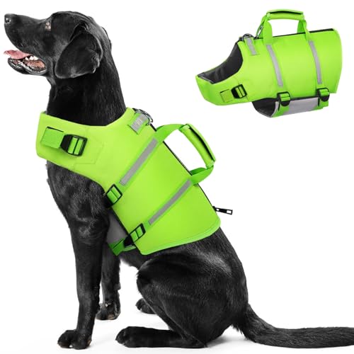 PUZAUKAL Schwimmweste Hunde Ripstop Hundeschwimmweste Dog Life Jacket mit Rettungsgriff und Reflektierenden Streifen Verstellbaren Hunde Rettungsweste für Kleine Mittel Große Hunde,Grün-XL