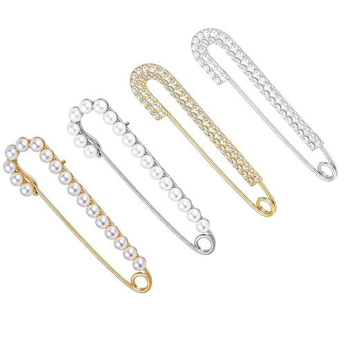 AOZUO 4 Stück Broschen für Kleidung,Brosche Damen Anstecknadeln Ausschnitt Verkleinern,Broschen Safety Pin Necklace Schleppennadel Brautkleid Sicherheitsnadeln Groß Broschennadeln Perlen